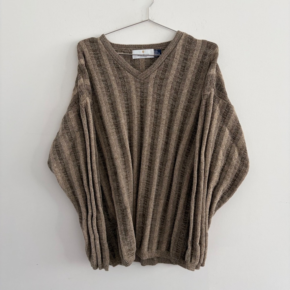 Bill Blass Menswear V-Neck Sweater Brown Ribbed Knit Cotton Blend USA Made M